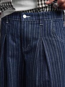 AXEPEAK 男士条纹褶皱宽松休闲百慕大牛仔短裤 - 藍色 - 查看 5