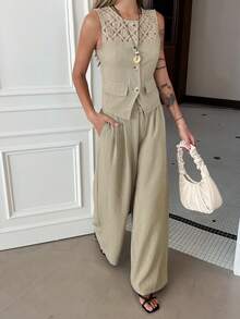 DAZY Women's Casual Lace Patchwork Faux Pocket Vest And Wide Leg Pants 2 Pieces Set, Spring/Summer - Apricot - View 4