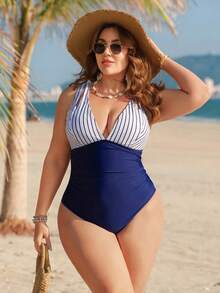 Áo tắm liền thân Swim Lushoire dành cho nữ, màu xanh hải quân, in họa tiết, kiểu dáng thanh lịch, nâng đỡ và định hình vòng một, thiết kế cạp cao, đồ bơi kiểu châu Âu, định hình và kiểm soát vùng bụng, áo tắm liền thân che phủ toàn diện, cỡ lớn. - Nhiều màu - Xem 2