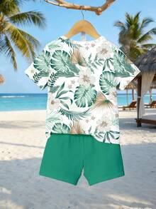 Bộ 2 món áo thun ngắn tay và quần short in hình lá cọ, kiểu dáng thường ngày, thoải mái cho bé trai, thích hợp mặc mùa xuân/hè. - Nhiều màu - Xem 3