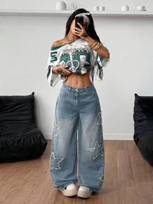 Coolane Damskie dżinsy typu raper Athleisure w stylu grunge z wzorem gwiazdy - Jasny jeans - Zobacz 5