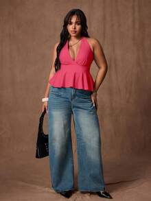 Plus Size Women's Solid Color Halter Neck Casual Tank Top, Suitable For Work And Daily Wear - Hot Pink - View 1