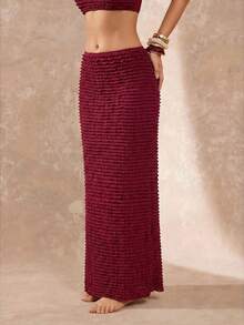 Lumalex Burgundy,Summer,Boho,Beach Vacation,Holiday Wine Red Knitted Skirt,Layered Texture Crinkled Ruffle Back Slit Detail Body-Skimming Fit Cover Up Skit - Multicolor - View 7