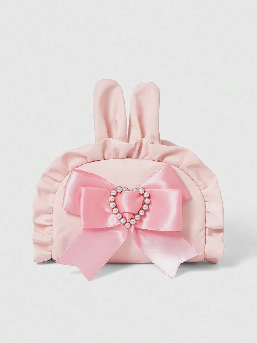 ROMWE Bolsa de cosméticos con forma de conejo, borde con volantes y lazo, hecha de tela Oxford resistente a salpicaduras, para almacenamiento y como bolsa de regalo para joyas de marca Love Pull - Rosa - Ver 1