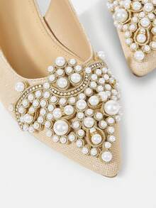 CUCCOO HITCHD 25cm Spring/Summer New Romantic Elegant Pointed Toe Faux Pearl Decor Mid-Heel Khaki High Heels Peep Toe Shoes, Bridal Wedding Shoes Valentine's Day - Khaki - View 12