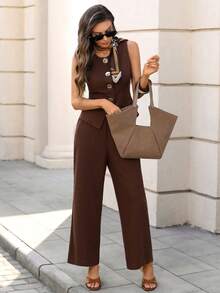 Editum Women's New Elegant Sleeveless Top And Pants Minimalist Commuting Casual Linen Suit Summer Spring Break Outfits Carnival Costume Women Valentine's Day Suitable For Spring/Summer Carnival - Brown - View 10