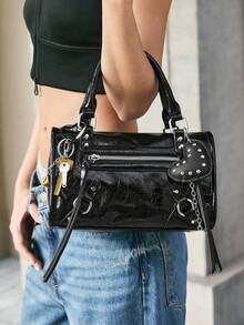 Viva Strut 女士手提斜挎包，PU材质，四季通用，适合晚餐/约会/派对/上学/旅行/通勤/购物等场合，Y2K、蒸汽朋克、时髦、哥特、诡异风格，女士手提斜挎包，流苏装饰，多口袋设计，鳄鱼纹印花，便携易用，适合派对、返校季、学生等场合，优雅女士包，2000年代时尚风格女士包 - 黑色 - 查看 1