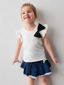 Maija Kids Young Girl Knitted White Round Neck Frill Sleeve Contrast Bow T-Shirt - White - View 7
