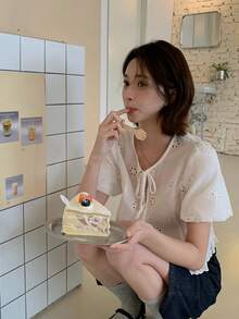 DAZY Women's Casual Round Neck Lace Tie-Up Short Sleeve Blouse - White - View 1