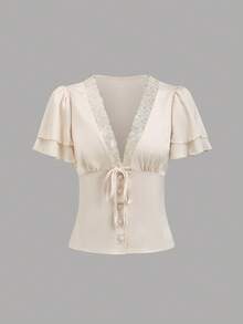 SHEIN Unity Phong cách Pháp thanh lịch, lãng mạn, cổ điển, sang trọng, đa năng, tôn dáng, kiểu đuôi cá, cao cấp, trẻ trung, phù hợp đi làm, công sở, hẹn hò, mua sắm, ở nhà, giờ nghỉ giải , thư giãn. Tay áo bồng, cổ chữ V, nơ ren, cài nút, chất liệu satin màu mơ. Áo cardigan nữ, thích hợp cho mùa xuân/hè/thu. - Màu be - Xem 4