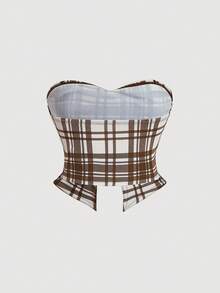 SHEIN MOD 女士格子蝴蝶结装饰时尚抹胸上衣 - 咖啡棕 - 查看 2