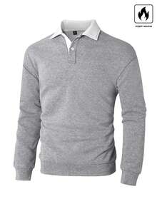 Manfinity Hypemode Men's Loose Fit Contrast Polo Collar Thermal Lined Long Sleeve Sweatshirt, Fall/Winter - Light Grey - View 4