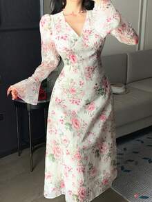 DAZY 优雅花卉V领喇叭袖连衣裙，女士吊带裙 - 淺粉色 - 查看 5