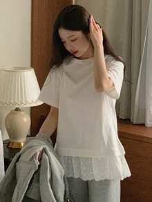 DAZY Round Neck Short Sleeve Contrast Lace Casual T-Shirt For Girls - White - View 4