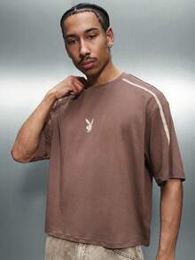 PLAYBOY X SUMWON Oval Logo Crew Neck Short Sleeve Regular Fit Cotton T-Shirt With Contrast Piping Details - Brown - View 2