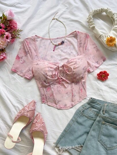 Soleia Women's Pink Front Tie Cropped Floral Print Mesh Top Summer And Spring Valentine's Day Carnival Outfit Party Dresses For Women Beach Dress   Going Out Outfits Elegant Dresses For Women Vacation Outfits Casual Floral Crop Top Rose Top Summer Cute Tops Lacey Top Spring To Summer Easter Carnival Carnival Costume  Party Beach Wedding Beach Graduation