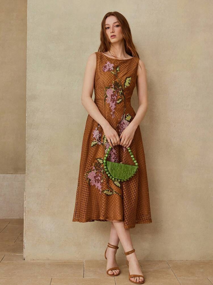 EMBROIDERED LACE WAIST FLARED MIDI DRESS, SPRING/SUMMER