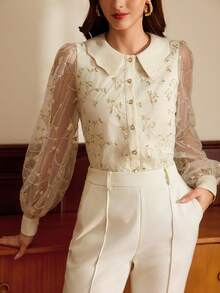 Vintamour 复古经典优雅女士衬衫，修身刺绣撞色领长袖纽扣衬衫，春夏轻薄优雅奶油色复古春季女式衬衫，女士春季衬衫 - 杏色 - 查看 1