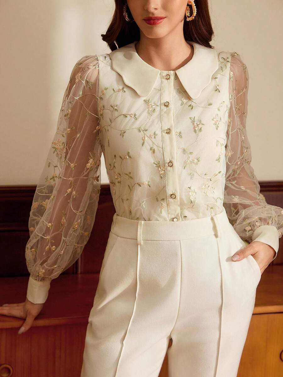 Vintamour 复古经典优雅女士衬衫，修身刺绣撞色领长袖纽扣衬衫，春夏轻薄优雅奶油色复古春季女式衬衫，女士春季衬衫 - 杏色 - 查看 1