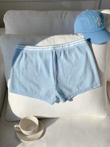 Comfortcana 2026新款春夏时尚女式数字刺绣条纹抽绳腰休闲短裤，夏季女式沙滩短裤，适合海滩度假，2000年代风格 - 淺藍色 - 查看 2