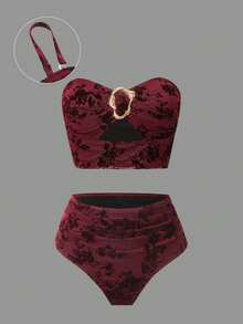 Sweetra Bộ đồ bơi cỡ lớn, chất liệu vải nhung cao cấp, kiểu dáng tối giản Châu Âu & Mỹ (Tankin). - Màu Đỏ Sâu - Xem 1