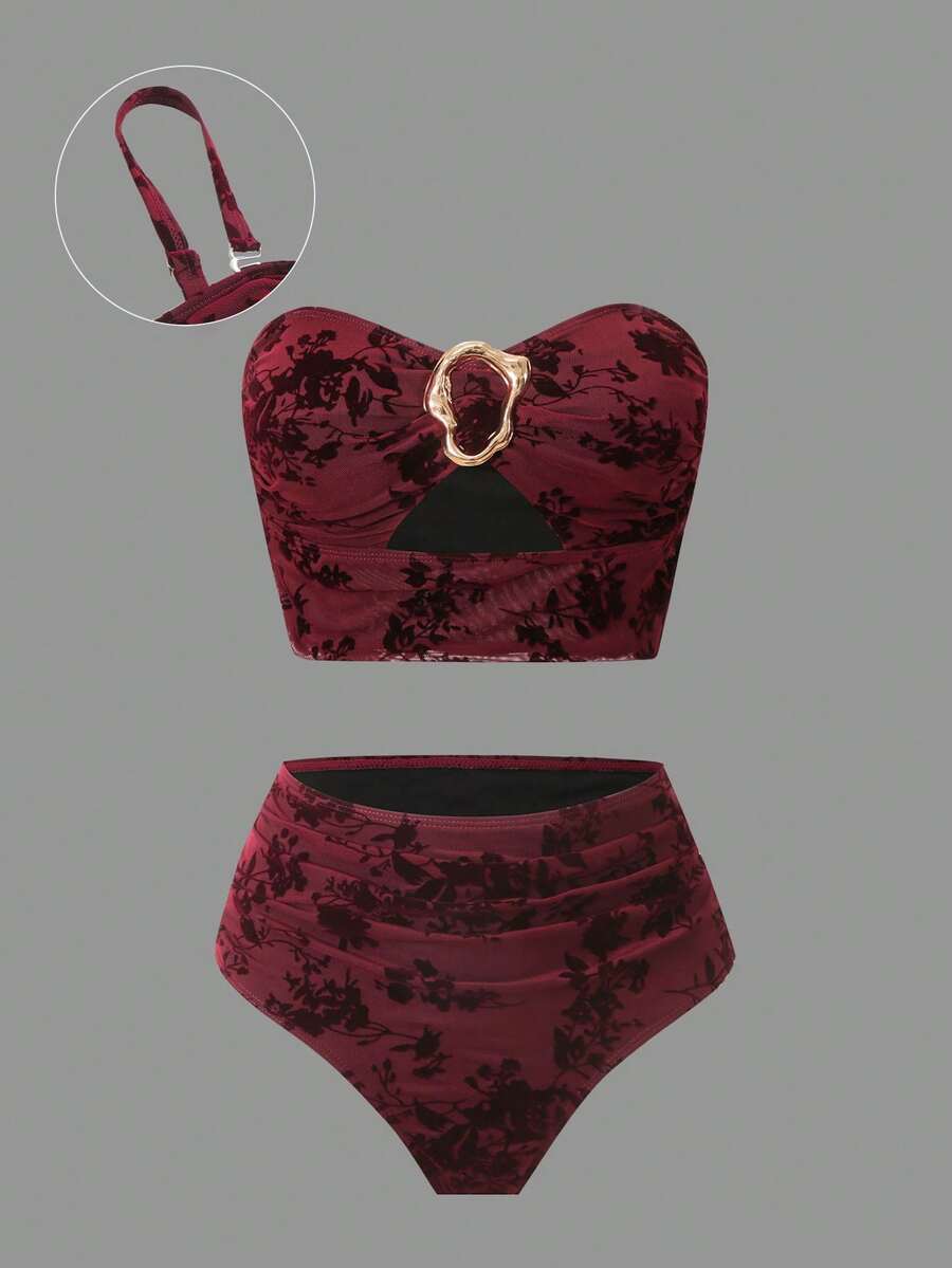 Sweetra Bộ đồ bơi cỡ lớn, chất liệu vải nhung cao cấp, kiểu dáng tối giản Châu Âu & Mỹ (Tankin). - Màu Đỏ Sâu - Xem 1