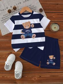 3套幼儿休闲条纹/卡通熊骑士印花短袖短裤套装，非抓绒材质，舒适百搭，适合日常外出，春夏皆宜 - 彩色 - 查看 5