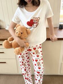 Dream Adore Set Piyama Wanita Lengan Pendek Kasual dengan Motif Kartun Hati & Beruang - Putih - View 3