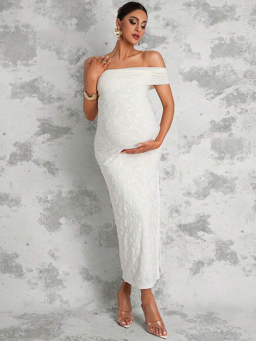 MaterniChic 孕妇露肩修身优雅连衣裙 - 杏色 - 查看 1