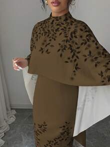SHEIN Elenzya Elegant High Collar Floral Print Midi Dress With Cape - Coffee Brown - View 6