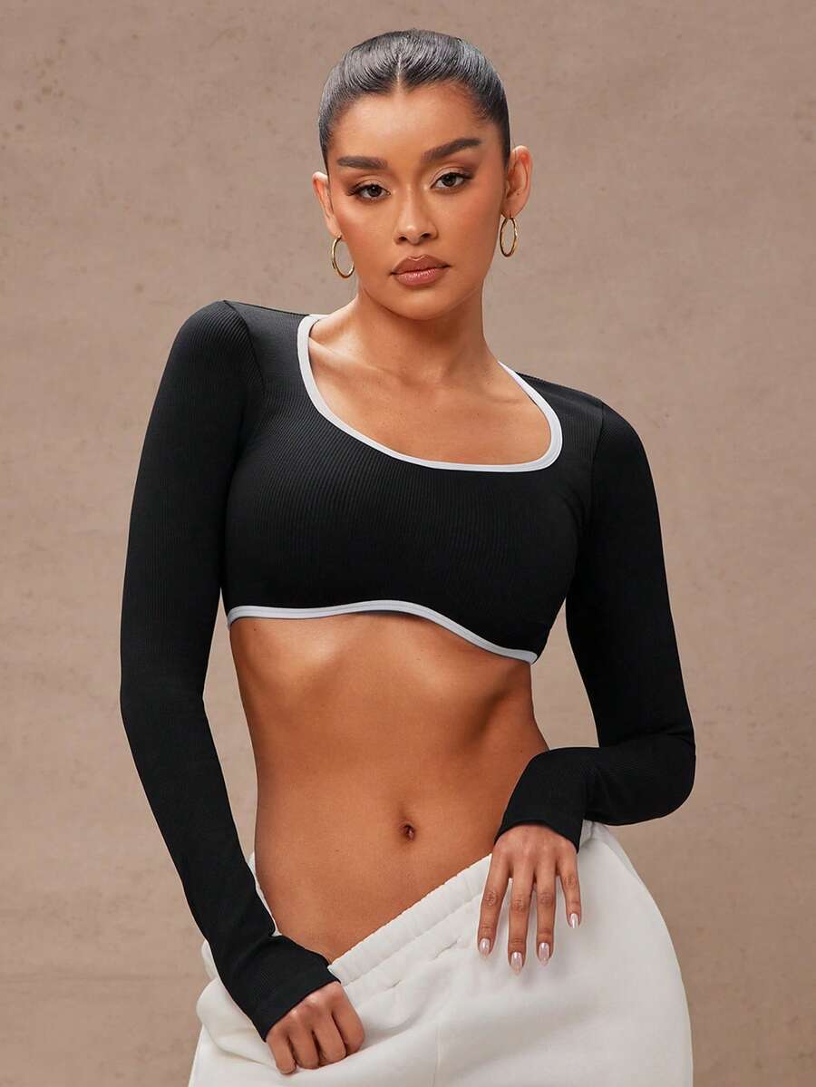 Lumalex Seamless Stretchy Yoga Fitness Top, Long Sleeve - Black - View 1