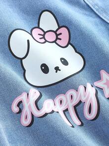 SHEIN Tween Girl Fashion Casual Y2k Vintage Cool Street Cute And Exquisite Cartoon Rabbit Pattern Blue Loose Jeans Dailywear Spring And Summer Rave Festival And Streetwear - Blue - View 4