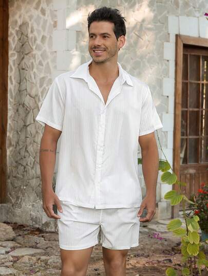 VIVINTIMO Conjunto Casual de Praia com Camisa de Manga Curta e Shorts de Cor Sólida para Homens, Simples e Fashion para Uso Diário