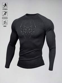 Manfinity Sport PWRUP 男士蜘蛛印花修身长袖运动T恤 - 黑色 - 查看 3