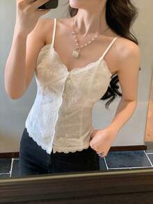 DAZY Women's Lace Trim Camisole, Casual Korean Style Sleeveless Top - White - View 7