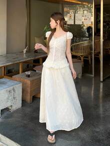 DAZY 女士V领蕾丝休闲韩版衬衫+半裙两件套 - 白色 - 查看 2