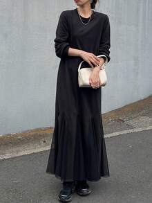 FRIFUL Robe noire unie à ourlet évasé, polyvalente et décontractée, automne/hiver pour femmes - Noir - Voir 2