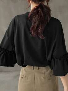 FRIFUL Camiseta de manga larga de unicolor y sencilla para mujeres - Negro - Ver 5