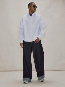 Musero 双层袖长袖细条纹翻领纽扣衬衫，修身时尚上衣，秋冬必备单品 - 白色 - 查看 3