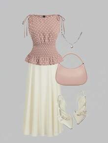 Sweetra 大码波点系带肩部荷叶边下摆无袖吊带衫 - 粉色 - 查看 1