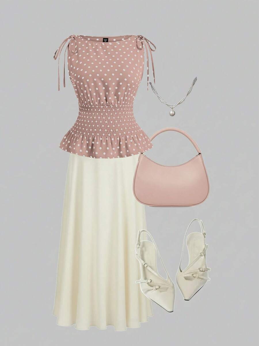 Sweetra 大码波点系带肩部荷叶边下摆无袖吊带衫 - 粉色 - 查看 1