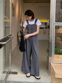 DAZY 女士条纹梭织吊带裤两件套，韩版 - 灰色 - 查看 2