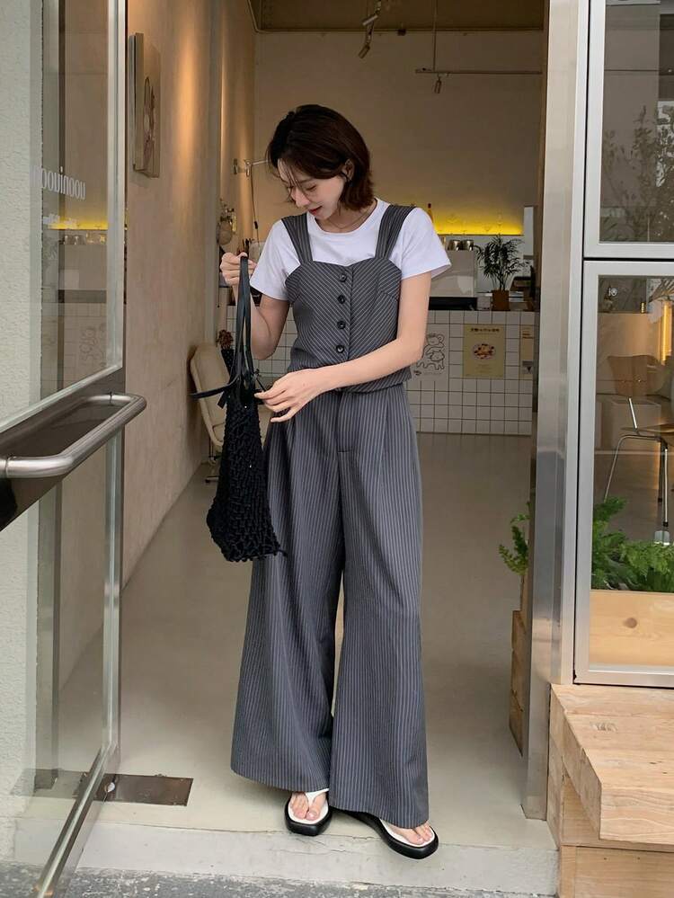 Women's Striped Woven Camisole Pants 2 Pieces Set, Korean Style