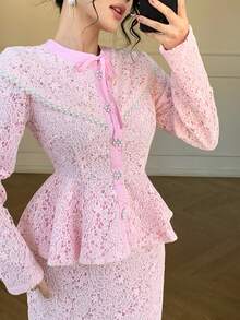 DAZY 2pcs/Set Fitted Long Sleeve Top And High Waist Bodycon Skirt Suit, Fashionable Women Outfit - Pink - View 4