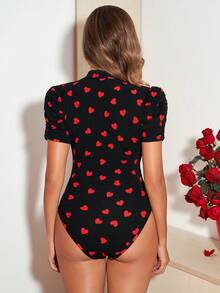 Amorya 女士优雅V领羊腿袖收腰心形印花针织连体衣，修身显瘦，适合情人节，黑色上衣，春夏夏季女装，情人节也适合婚礼宾客、伴娘和其他场合。 - 彩色 - 查看 5