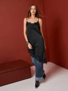 Maija Women's Solid Color Contrast Lace Asymmetric Hem Camisole Dress - Black - View 3