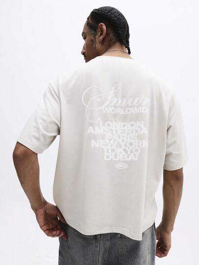 SUMWON Camiseta de algodón de corte boxy para hombre con gran estampado en la espalda, de manga corta, cuello redondo, casual y cómoda para el verano