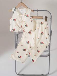 SHEIN 2pcs Young Girl Floral Print Sleeveless Top And Ankle Length Pants Set
