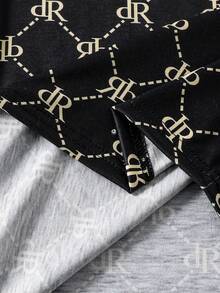 1pc Teen Boy Summer Casual Teenager Boys Short Sleeve T-Shirt, Black Base With Gold DR Letter Diamond Grid Print, Round Neck, Loose Fit, Daily, Outing, Breathable, - Black - View 5