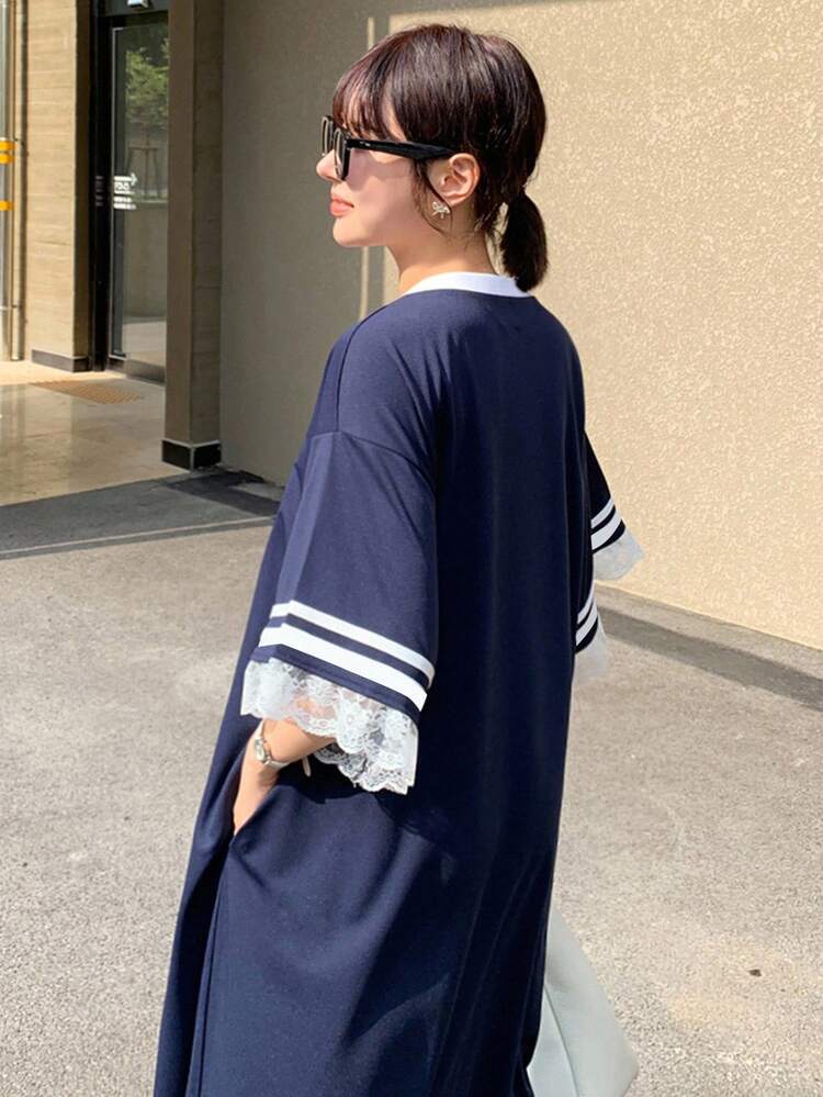 Women's Number Print V-Neck 3/4 Sleeve Casual Loose Long Dress Maxi Dress